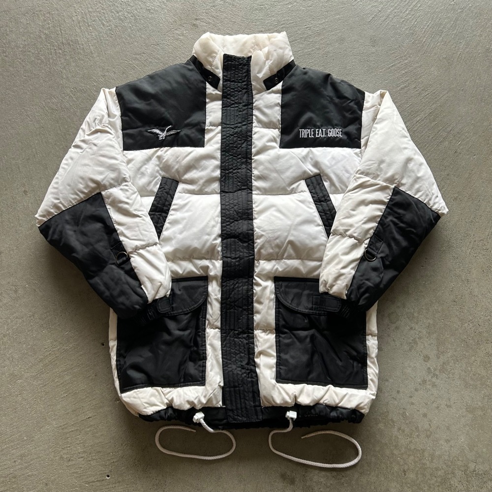 Vintage 90s Triple FAT Goose Down Puffer Jacket Size Small White Black Parka
